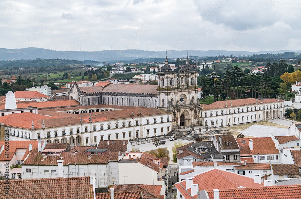 Fototapeta premium Aerial view of Alcobasa town and The Alcobaca Monastery,Portugal.