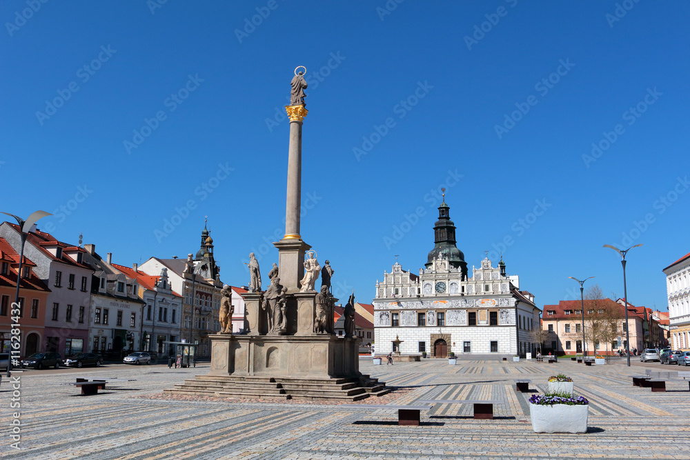 Stribro renaissance square with town hall and Marian and Holy Trinity columns. Stribro (Silver) is historical town in West Bohemia, Czech Republic, Europe.