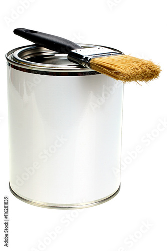 Paint can with blank white label and paintbrush isolated