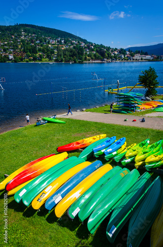 Kayak boats on the bank of lake Gerardmer, Lorraine