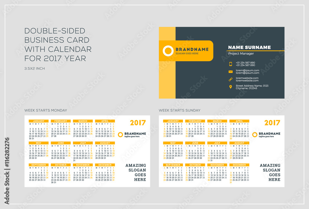Double-sided business card template with calendar for 2017 year. Week starts Monday. Week starts Sunday. Landscape orientation. Vector Illustration