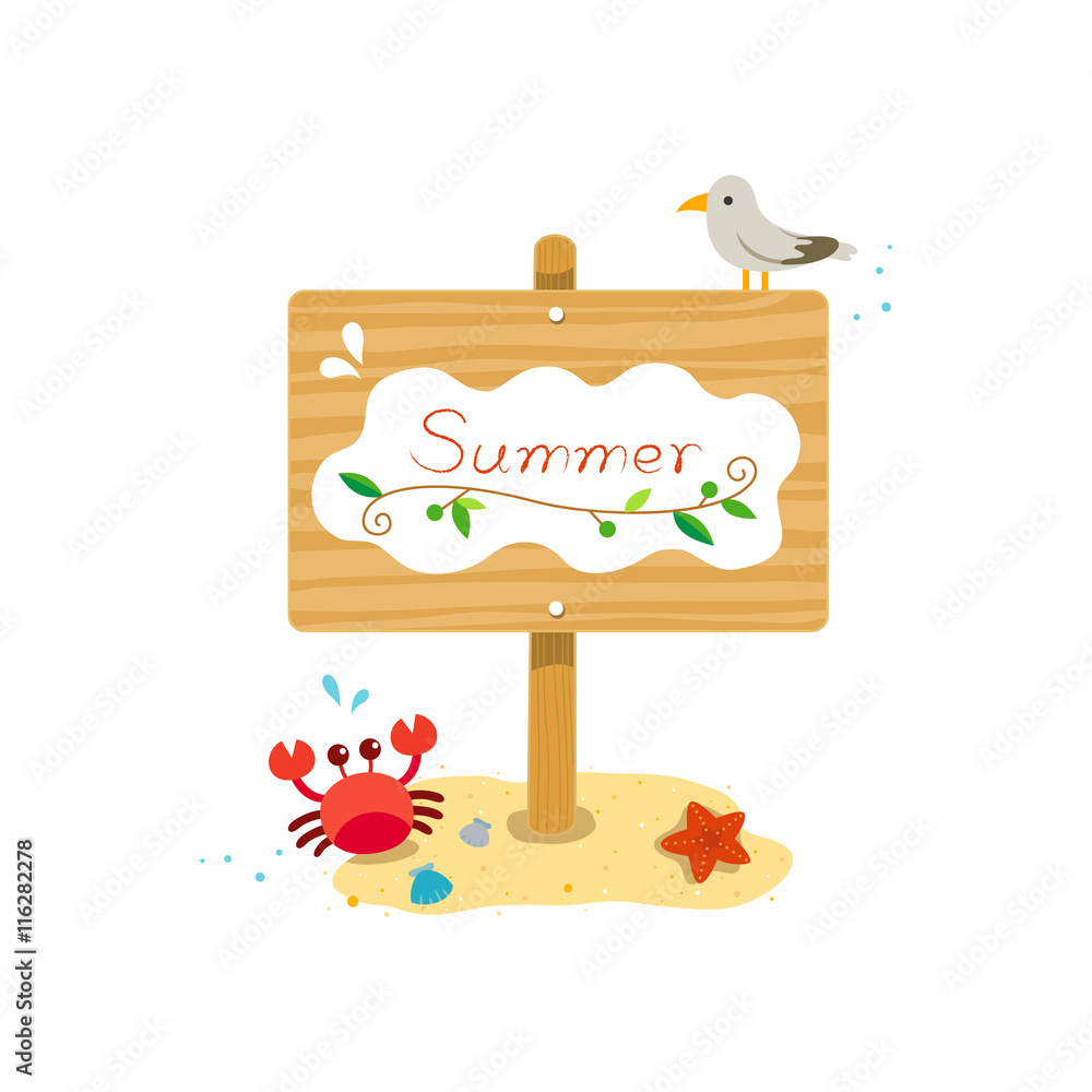 Fototapeta premium Summer wooden sign with crab,starfish,seagull in the beach