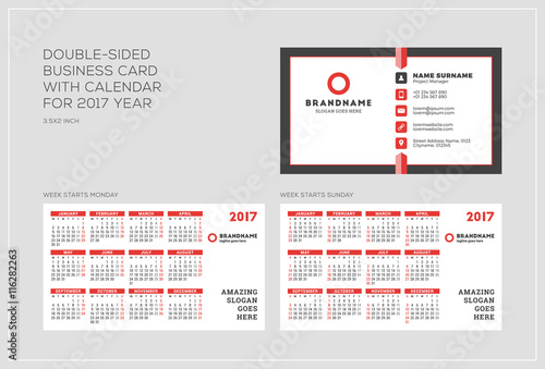 Double-sided business card template with calendar for 2017 year. Week starts Monday. Week starts Sunday. Landscape orientation. Vector Illustration