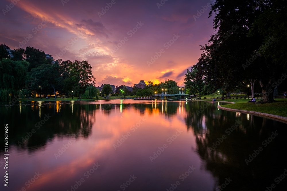 The lake at the Public Garden at sunset, in Boston, Massachusett