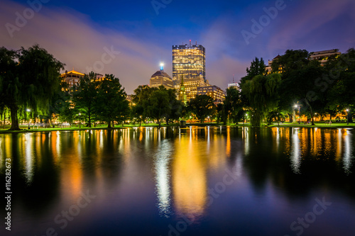 The lake at the Public Garden and buildings at Copley at night,