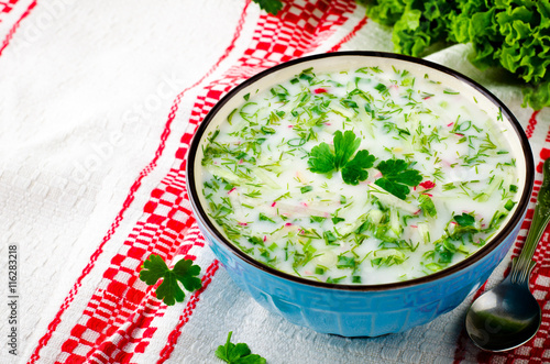 Traditional Slavic cold summer soup okroshka, dietary and vegetarian