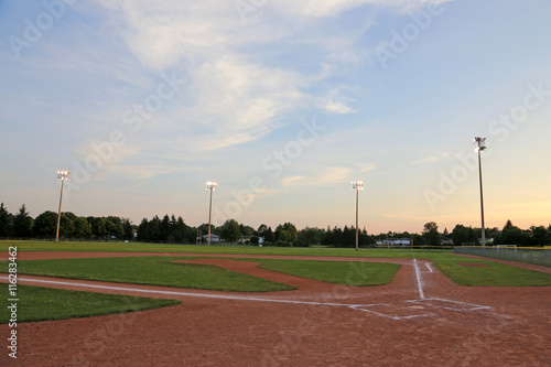 A wide angle shot of a baseball field..