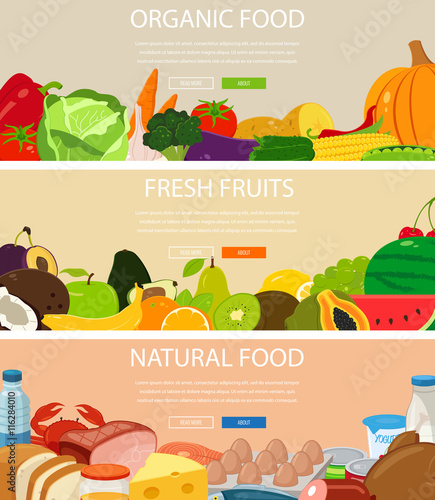 Three design banners set with vegetables and fruits, heatlthy food. Natural food products. Concept website template. Vector