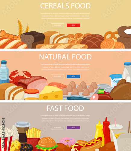 Three design banners set with cereals food, natural food products, fast food. Healthy and Unhealthy eating. Concept website template. Vector