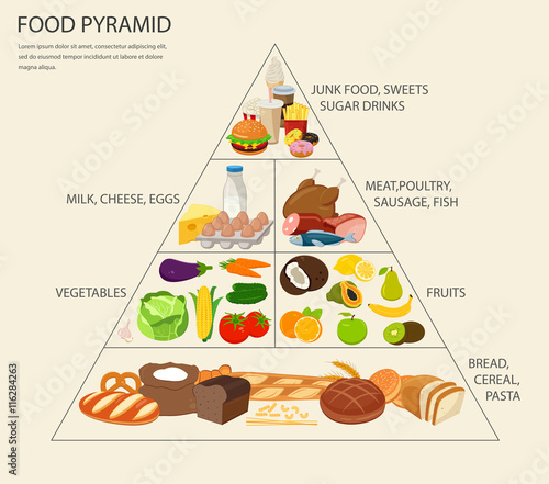 Food pyramid healthy eating infographic. Healthy lifestyle. Icons of products. Vector