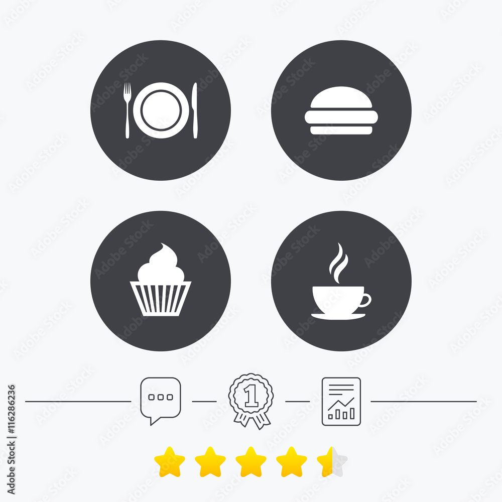 Food icons. Muffin cupcake symbol. Fork, knife.