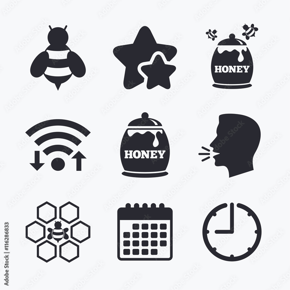Honey icon. Honeycomb cells with bees symbol. Honey icon. Honeycomb cells with bees symbol.