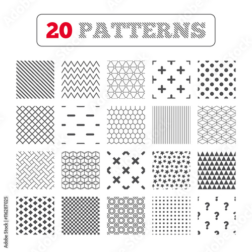 Plus and minus icons. Question FAQ symbol.