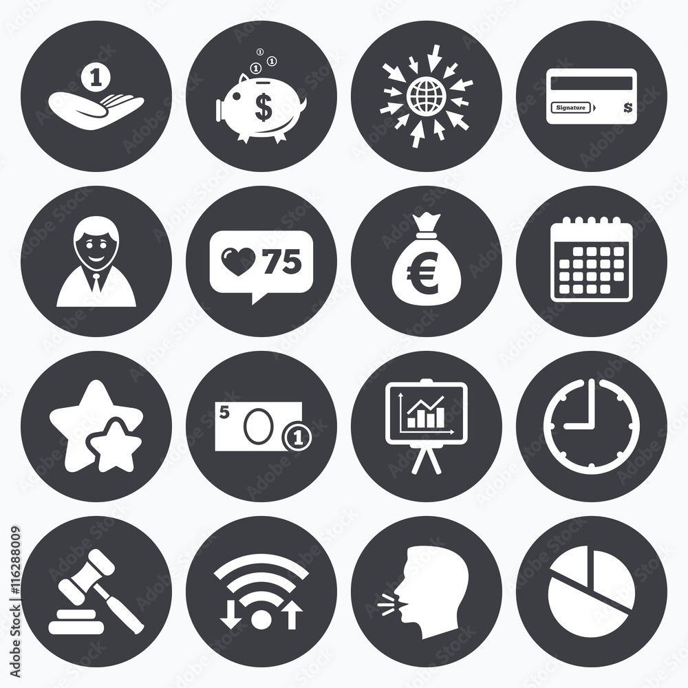 Fototapeta premium Money, cash and finance icons. Piggy bank sign.