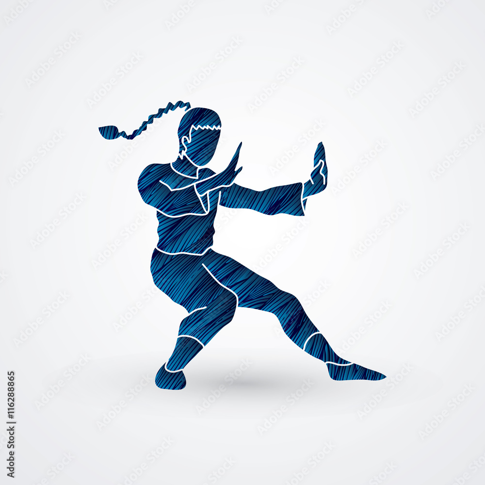 Naklejka premium Kung fu pose, designed using blue grunge brush graphic vector.
