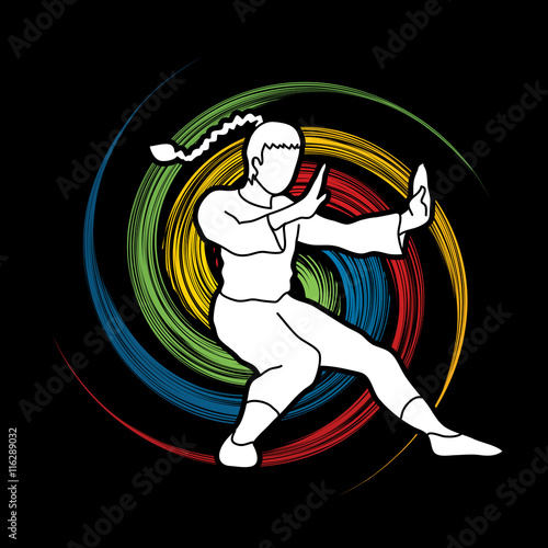 Kung fu pose, designed on spin wheel background graphic vector.