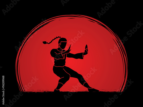 Kung fu pose, designed on sunset background graphic vector.