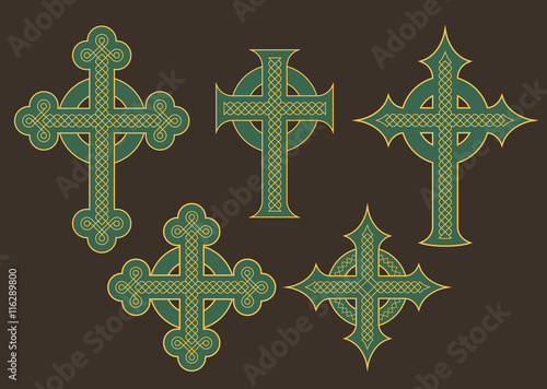 Set of six vector illustrations of crosses with ornate celtic knot ornaments.