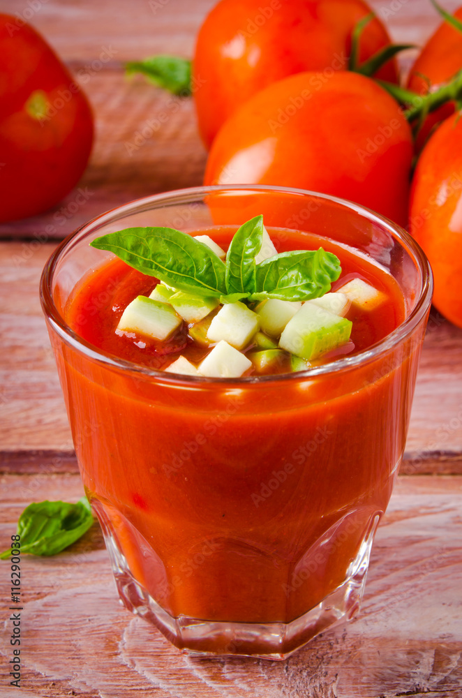 Tomato gazpacho in a glass with basil ang zucchini Tomato gazpacho in a glass with basil ang zucchini