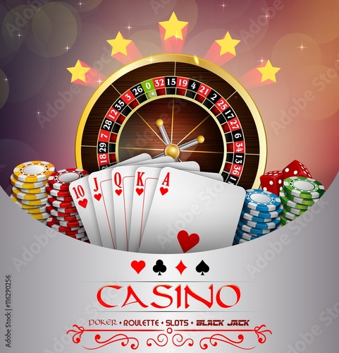 Background abstract brown with casino roulette wheel, and playing cards and chips 
