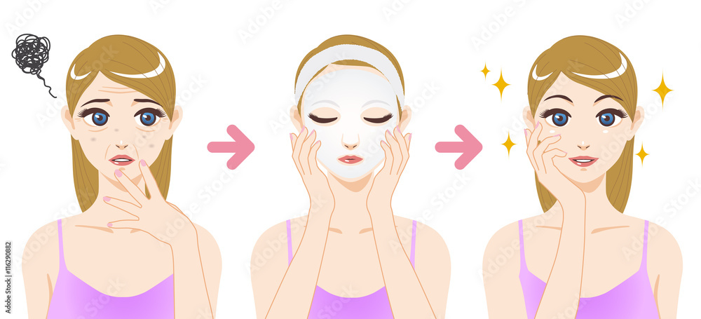 face pack before after, woman skin care, cartoon illustration face pack before after, woman skin care, cartoon illustration