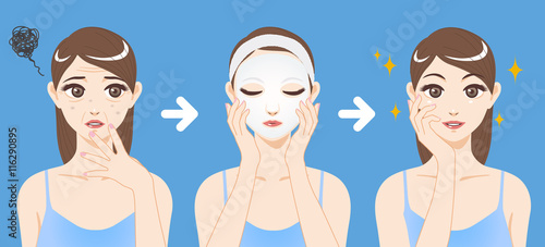 face pack before after, woman skin care, cartoon illustration