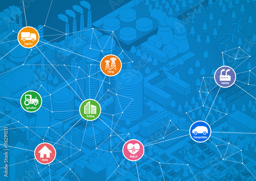 smart city line drawing illustration with various technological icons, futuristic cityscape and modern lifestyle, smart gird, IoT(Internet of Things), ICT(Information Communication Technology)