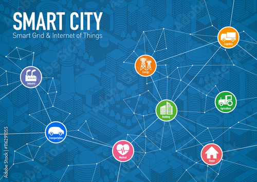 smart city line drawing illustration with various technological icons, futuristic cityscape and modern lifestyle, smart gird, IoT(Internet of Things), ICT(Information Communication Technology)