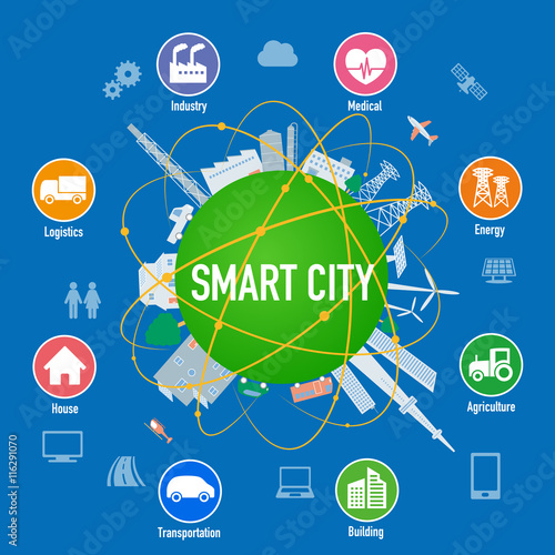 smart city on planet with various technological icons and network line, futuristic cityscape and modern lifestyle, smart gird, IoT(Internet of Things), ICT(Information Communication Technology)