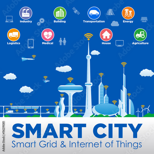 smart city conceptual illustration with various technological icons, futuristic cityscape and modern lifestyle, smart gird, IoT(Internet of Things), ICT(Information Communication Technology)
