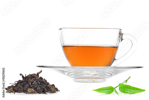 Glass cup of black tea isolated on white background