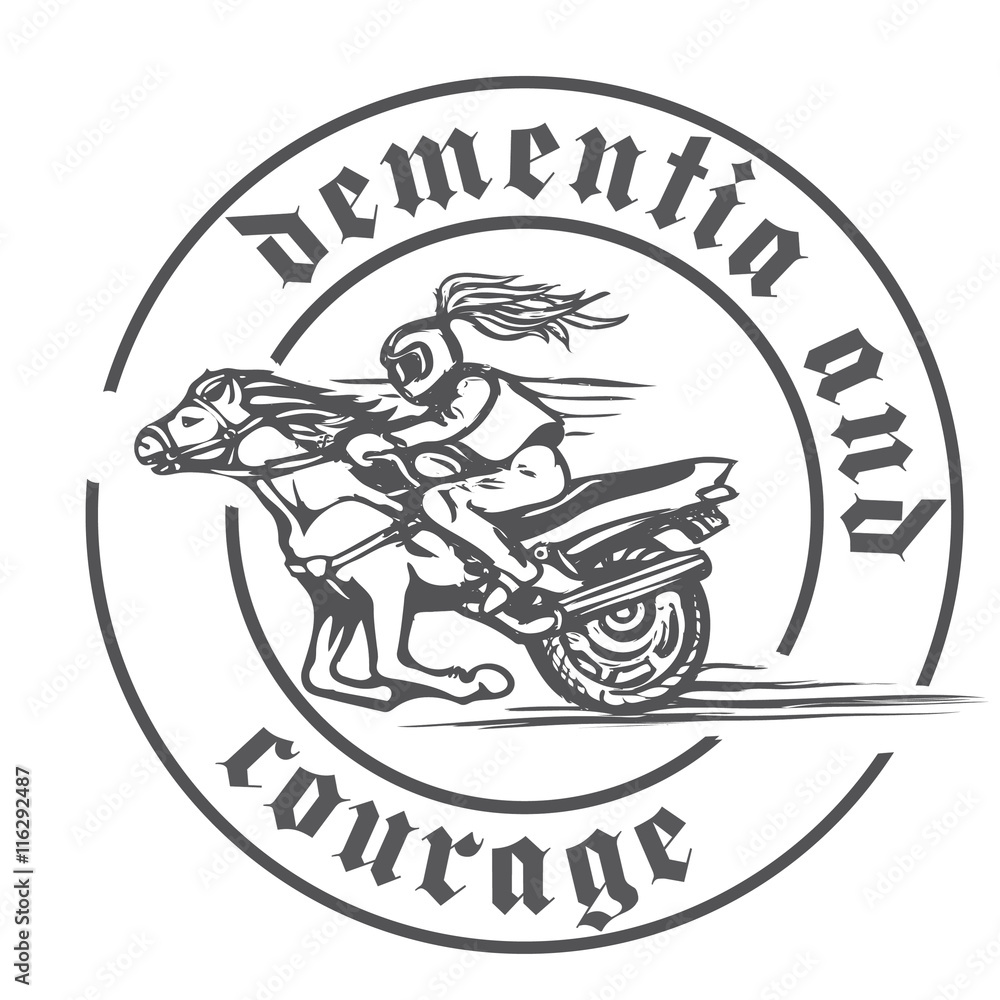 Obraz premium Emblem with a rider on a horse, motorbike and humorous inscription on the rim