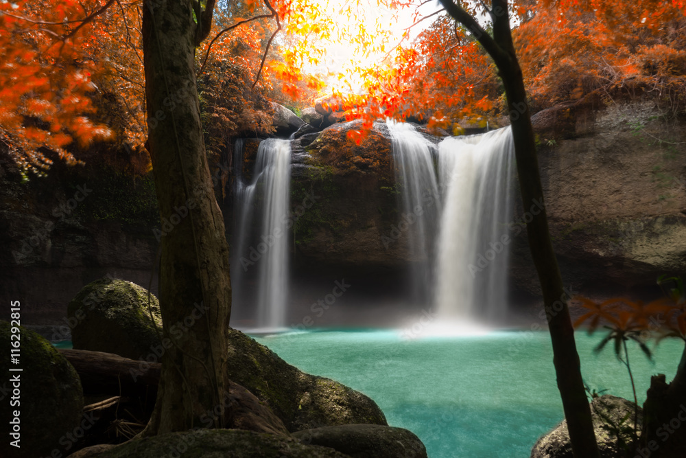 Amazing beautiful waterfalls in autumn forest at Haew Suwat Waterfall in Khao Yai National Park, Thailand