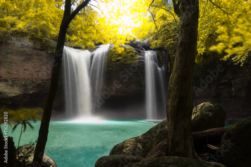 Amazing beautiful waterfalls in autumn forest at Haew Suwat Waterfall in Khao Yai National Park  Thailand