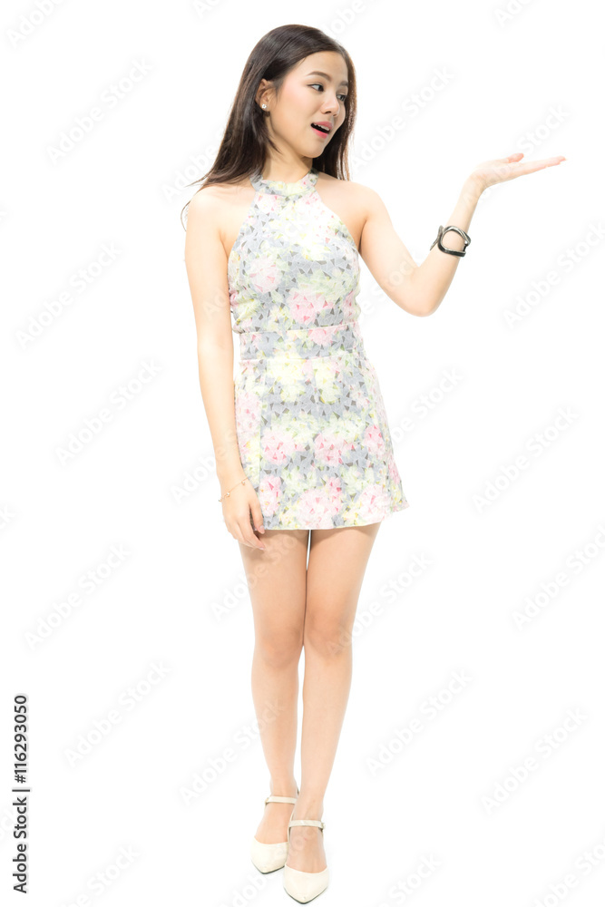 Portrait of attractive Beautiful Young Asian women smiling happy presenting with open hand showing empty copy space. Female model isolated on white background. Portrait of attractive Beautiful Young Asian women smiling happy presenting with open hand showing empty copy space. Female model isolated on white background.