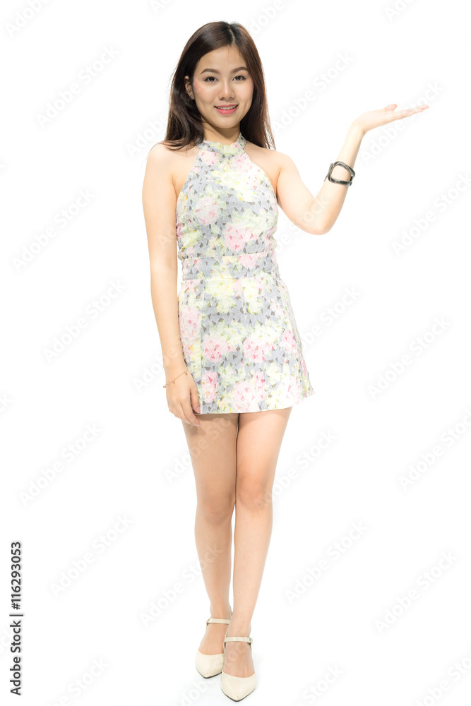 Portrait of attractive Beautiful Young Asian women smiling happy presenting with open hand showing empty copy space. Female model isolated on white background. Portrait of attractive Beautiful Young Asian women smiling happy presenting with open hand showing empty copy space. Female model isolated on white background.