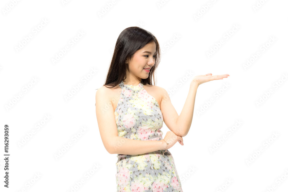 Portrait of attractive Beautiful Young Asian women smiling happy presenting with open hand showing empty copy space. Female model isolated on white background. Portrait of attractive Beautiful Young Asian women smiling happy presenting with open hand showing empty copy space. Female model isolated on white background.