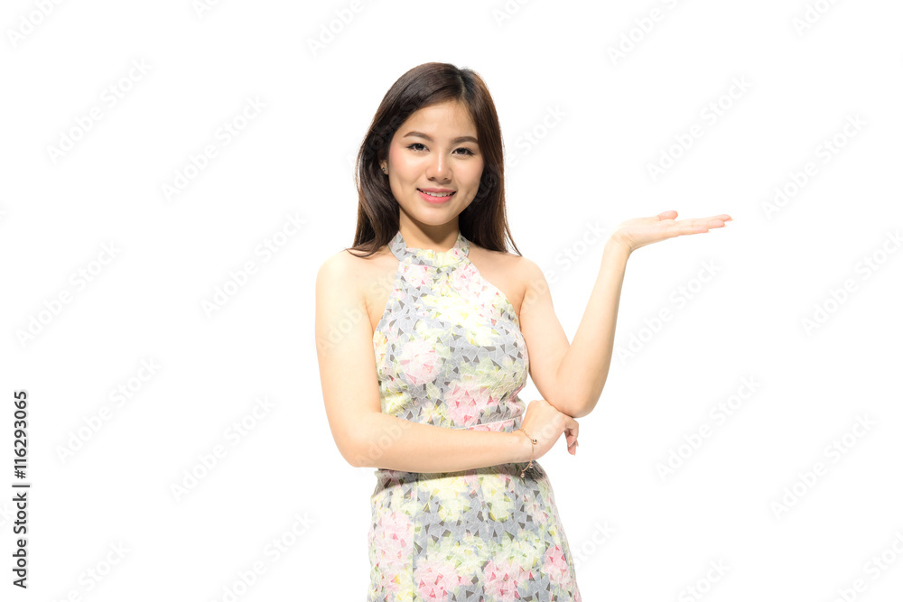 Portrait of attractive Beautiful Young Asian women smiling happy presenting with open hand showing empty copy space. Female model isolated on white background. Portrait of attractive Beautiful Young Asian women smiling happy presenting with open hand showing empty copy space. Female model isolated on white background.