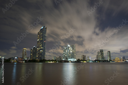 Night sityscape of Bangkok downtown and Chaopraya river, Thailan