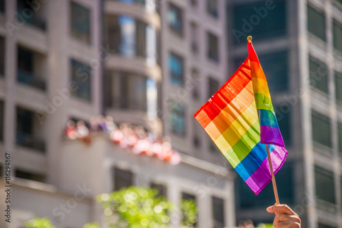 Photography Hand holding a gay rainblow flag with copyspace