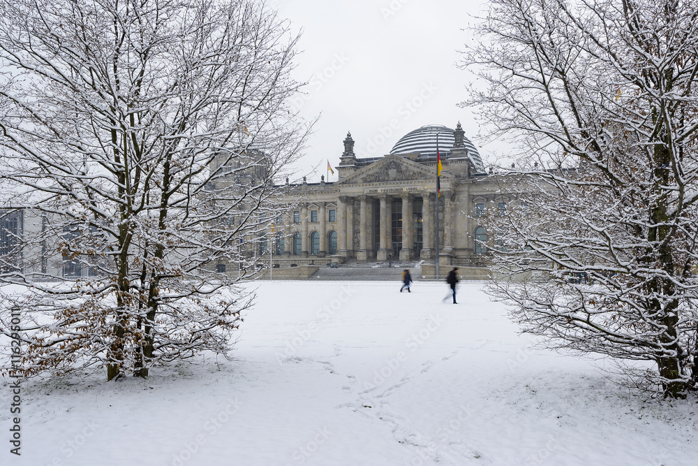 view of Reichstag building (seat of German government) between trees in winter, Berlin, Germany, Europe