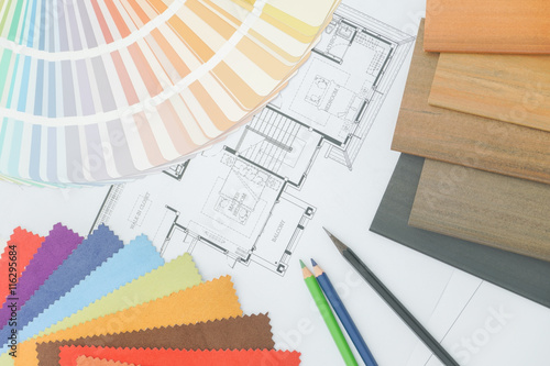 Bild auf Leinwand Sample of matterial, color pallette and color pencil on a paper of architectural