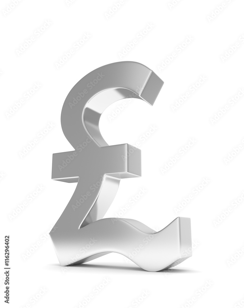 Isolated silver pound sign on white background. British currency. Concept of investment, european market, savings. Power, luxury and wealth. Great Britain, Nothern Ireland. 3D rendering.