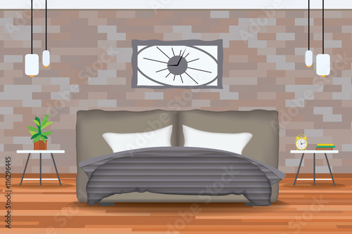Loft Style Interior Design Vector Illustration.Bed in Front of Brick Wall with Side Tables,Chandeliers,Clocks, Plants.Cartton Bedroom Parquet Floor. Elevation.Bedding and Furniture.