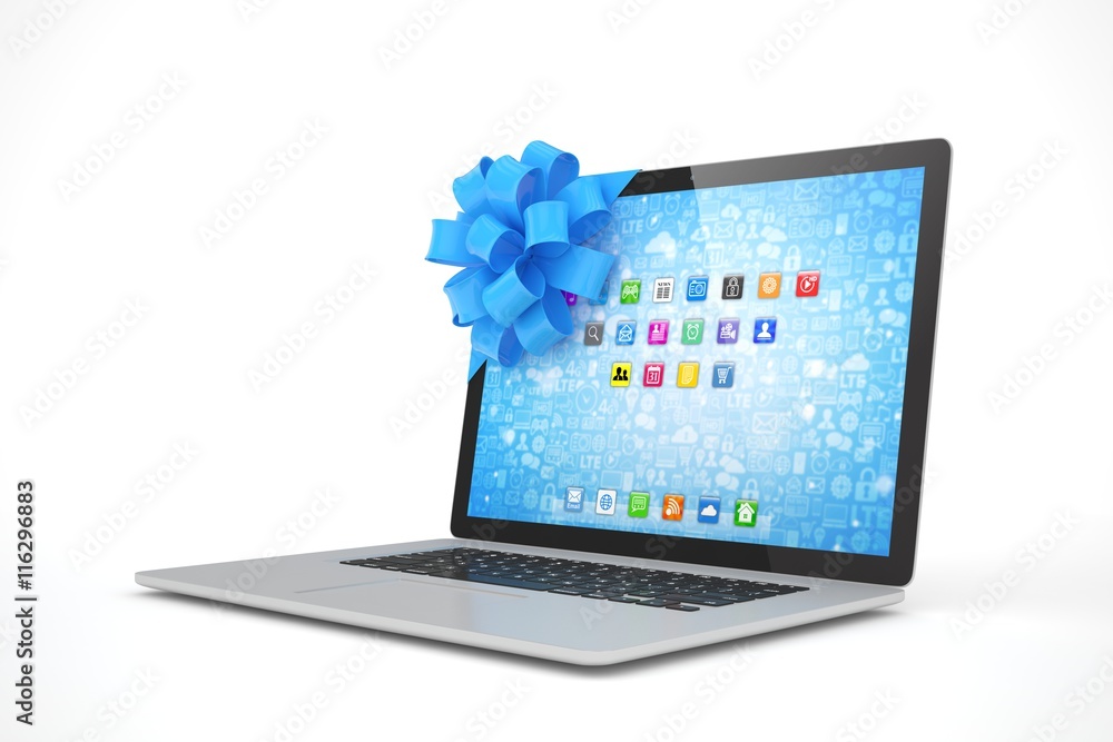 Laptop with blue bow and icons. 3D rendering. Laptop with blue bow and icons. 3D rendering.