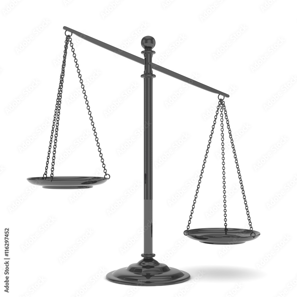 Isolated black scales on white background. Symbol of judgement. Law, measurement, liberty in one concept. 3D rendering.