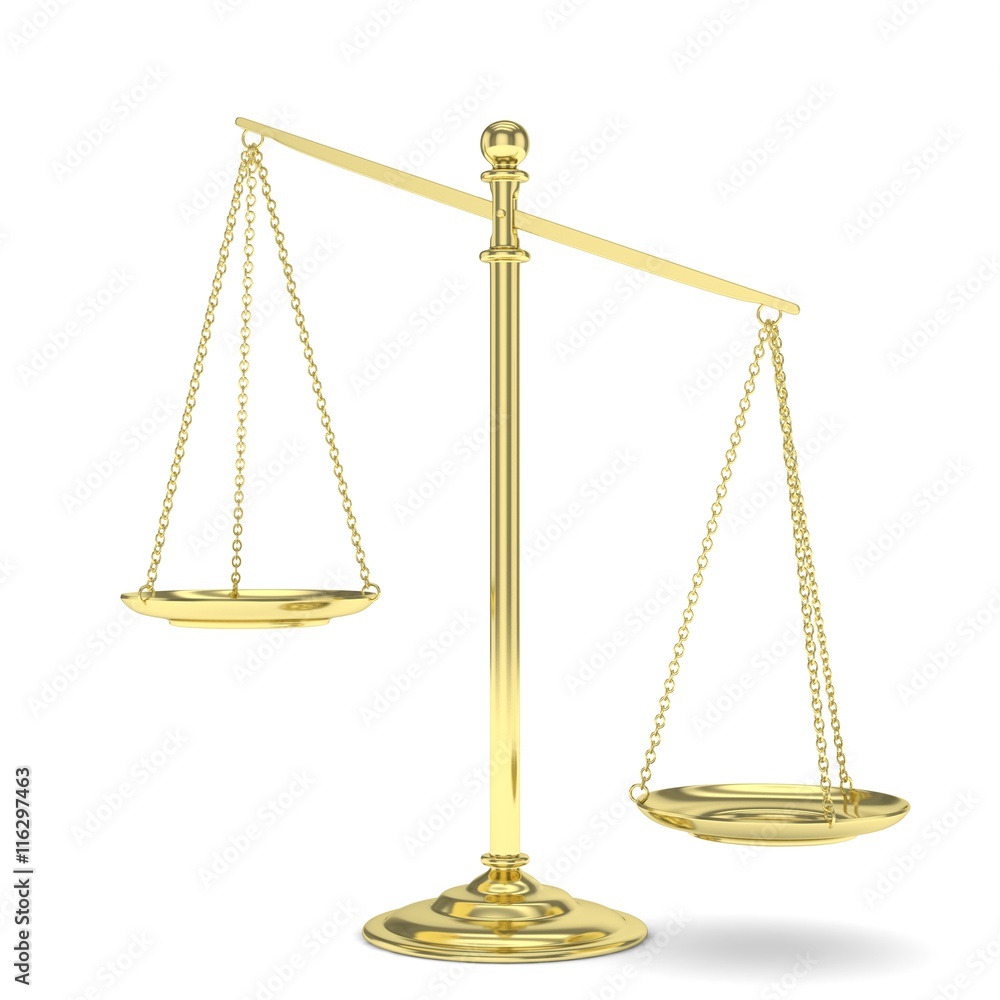 Isolated white golden scales on white background. Symbol of judgement. Law, measurement, liberty in one concept. 3D rendering. Isolated white golden scales on white background. Symbol of judgement. Law, measurement, liberty in one concept. 3D rendering.