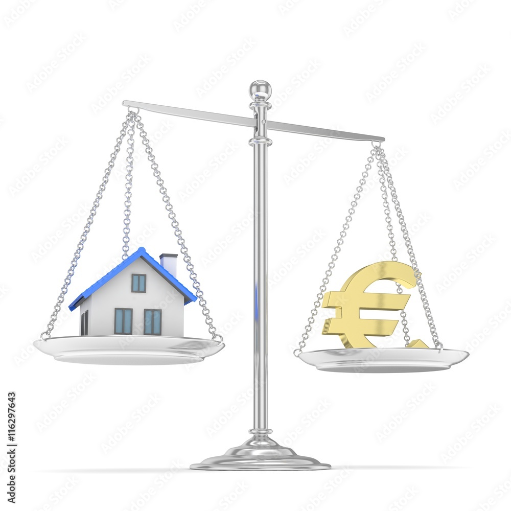 Isolated silver scales with golden euro and house on white background. Investment or savings concept. Real estate and currency. 3D rendering. Isolated silver scales with golden euro and house on white background. Investment or savings concept. Real estate and currency. 3D rendering.
