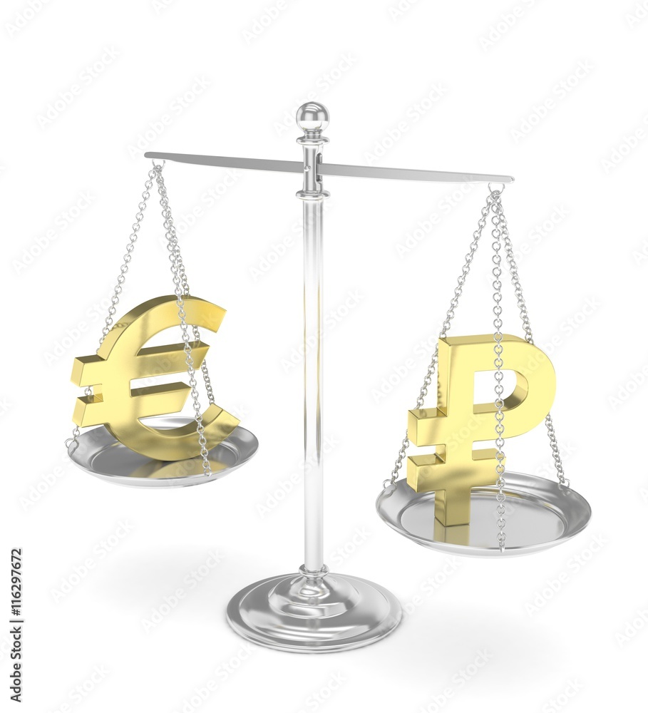 Isolated silver scales with golden euro and ruble currency. Russian and european finance. Measuring of market stability. 3D rendering. Isolated silver scales with golden euro and ruble currency. Russian and european finance. Measuring of market stability. 3D rendering.