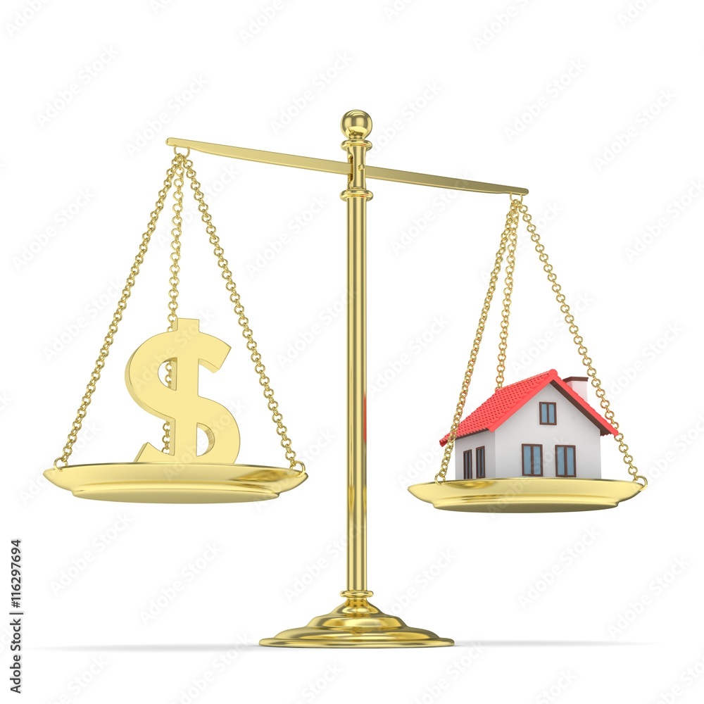 Isolated golden scales with golden dollar and house on white background. Investment or savings concept. Real estate and currency. 3D rendering. Isolated golden scales with golden dollar and house on white background. Investment or savings concept. Real estate and currency. 3D rendering.